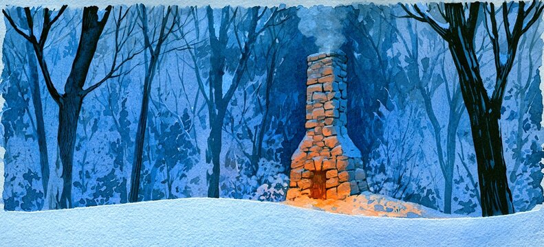 Solitary stone chimney puffing smoke in snowy forest watercolor, warm orange glow against cool blue shadows, empty snowbank below