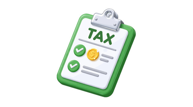 3d icon of a tax clipboard with checkmarks and a gold coin on a transparent background