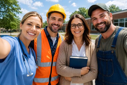 Group of diverse essential workers taking a smiling selfie together