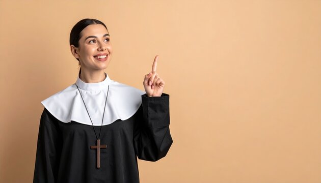 Priest in cassock pointing upward on beige background, space for text
