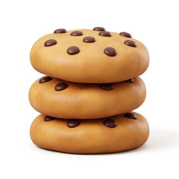 3D Stack of three delicious chocolate chip cookies on white background with cookie stack