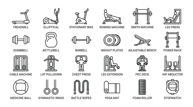 Gym fitness equipment line icon set featuring cardio machines free weights and strength training apparatus for workout motivation and health monitoring.