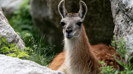 Fototapeta premium A llama with large ears and soft fur rests among rocks and green plants in a natural outdoor setting
