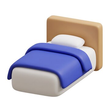 3D Cozy single bed with brown headboard white pillow and blue blanket isolated interior design furniture