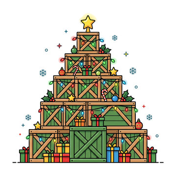Flat design Christmas tree made of stacked wooden crates with festive ornaments and star topper