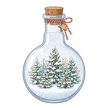 Miniature Christmas trees inside a glass flask with cork stopper and festive twine decor.