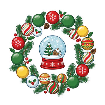 Christmas snow globe surrounded by festive holiday ornaments and pine branches on transparent background