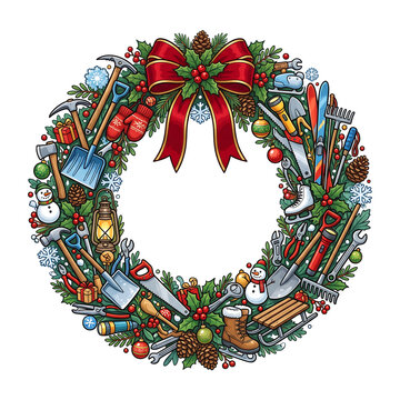 Handcrafted Christmas wreath made of colorful tools and holiday ornaments for festive workshop decor
