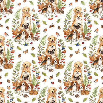 Cute dogs and forest animals seamless pattern with puppies and woodland creatures vector illustration