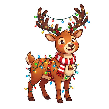 Cute cartoon reindeer wrapped in colorful Christmas lights with a red scarf isolated on white