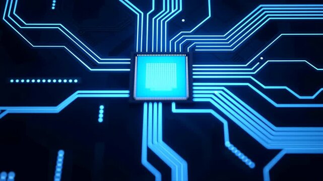 Central microchip activates as bright blue circuit traces spread outward across dark electronic board, revealing connected pathways and luminous processor network in symmetrical close view