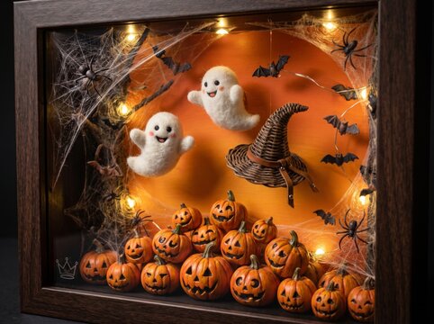 Cute Halloween shadow box display with two smiling ghost figures many carved pumpkins a witch hat flying bats and spiderwebs illuminated by warm string lights