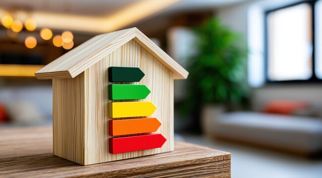 Une maquette de maison en bois repr&eacute;sentant une &eacute;chelle d'efficacit&eacute; &eacute;nerg&eacute;tique pos&eacute;e au bord d'une table dans une salle de s&eacute;jour avec canap&eacute; en arri&egrave;re-plan.