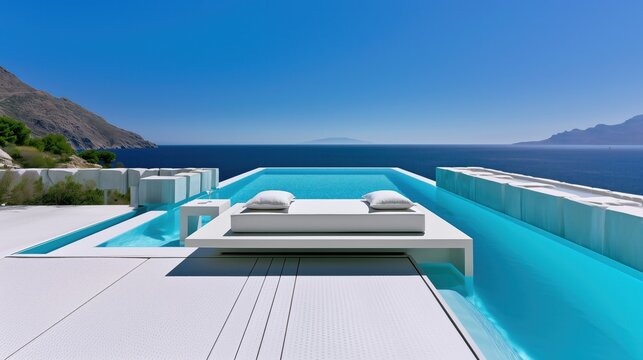 Des vacances de luxe avec un espace de d&eacute;tente ext&eacute;rieur minimaliste avec banquette de repos avec deux coussins blancs, arri&egrave;re-plan avec piscine &agrave; d&eacute;bordement, montagnes et oc&eacute;an.