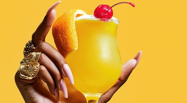 Gros plan sur une main soign&eacute;e aux longs ongles rose clair, tenant un verre rempli d'un cocktail jaune vif sur fond color&eacute; uni.