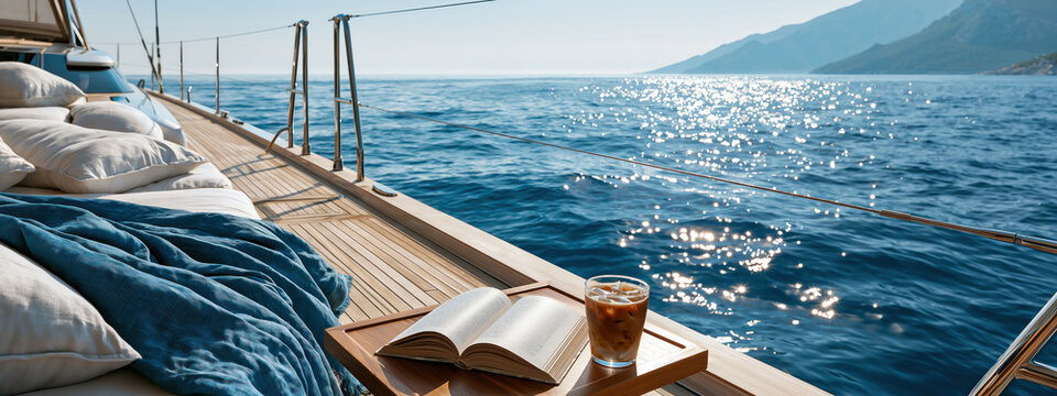 Le pont d'un voilier naviguant en mer par une journ&eacute;e ensoleill&eacute;e, avec un livre ouvert et un th&eacute; glac&eacute; sur une table en bois, c&ocirc;te montagneuse &agrave; l'horizon, sous un ciel bleu p&acirc;le, vue panoramique.