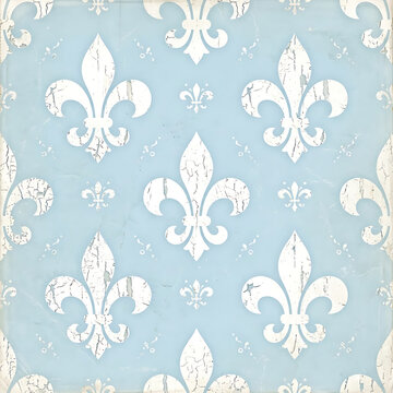 Light blue seamless pattern with white grunge fleur de lis symbols background vector illustration