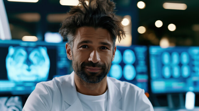 Un m&eacute;decin souriant en blouse blanche, assis &agrave; son bureau, en arri&egrave;re-plan des &eacute;crans affichant des interfaces de diagnostic bleues pr&eacute;sentant des scanners c&eacute;r&eacute;braux et des donn&eacute;es m&eacute;dicales.