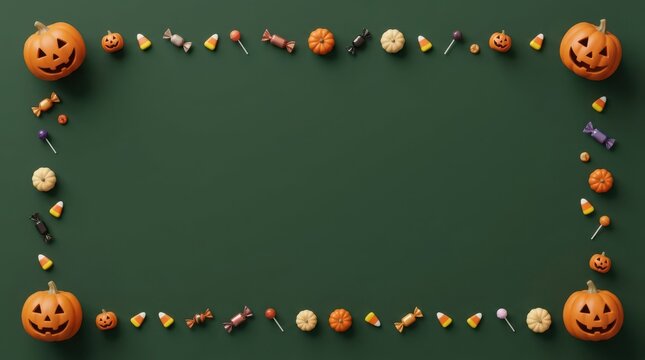 Halloween candy and pumpkins flat lay design on green background illustration