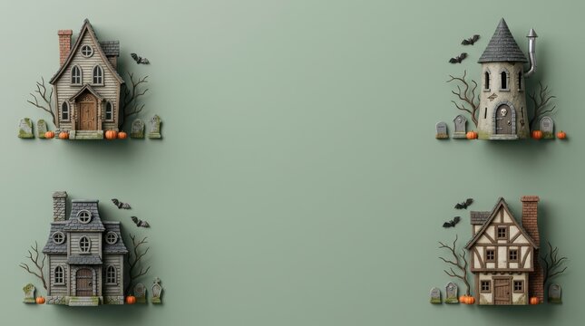 Creepy haunted house models with bats flying around illustration