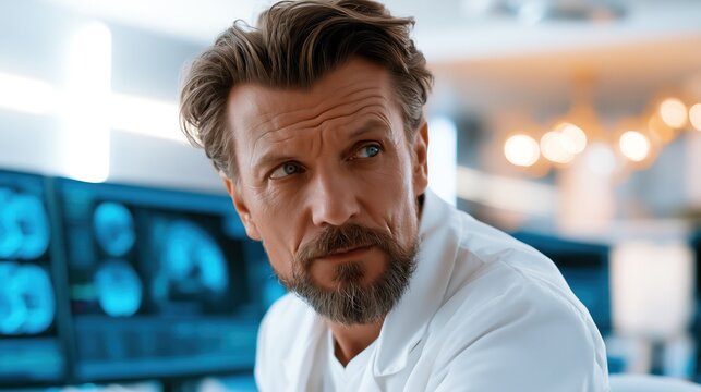 Un chirurgien en blouse blanche, assis &agrave; son bureau, en arri&egrave;re-plan des &eacute;crans affichant des interfaces de diagnostic bleues pr&eacute;sentant des scanners c&eacute;r&eacute;braux et des donn&eacute;es m&eacute;dicales.