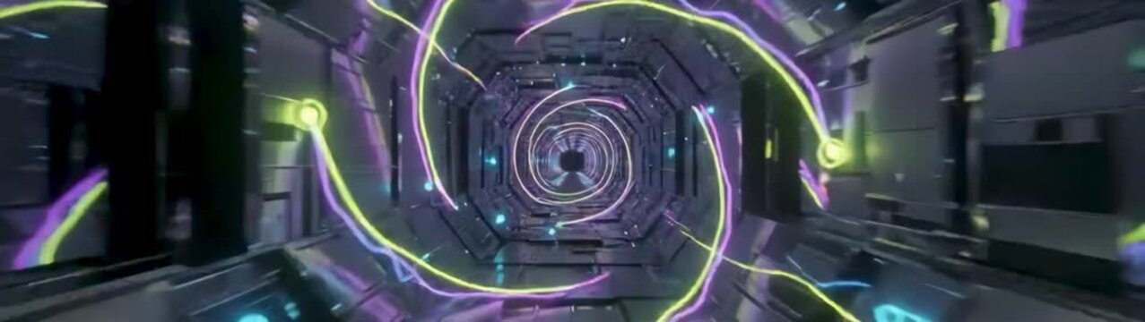 Cyberpunk tunnel with neon light waves futuristic digital corridor with glowing energy lines fast motion travel through a sci-fi space station interior.