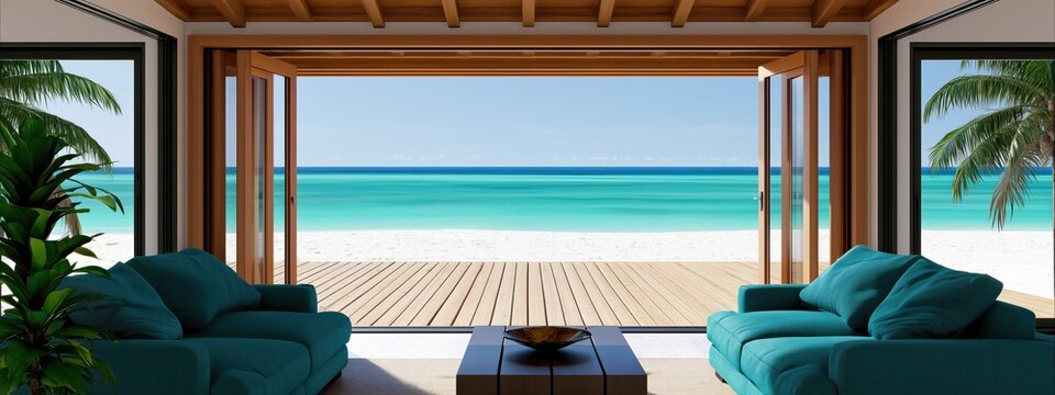 Maison avec salon en bord de plage offrant une vue exceptionnelle sur la mer avec une terrasse en bois, concept de vacances paradisiaques, vue panoramique.