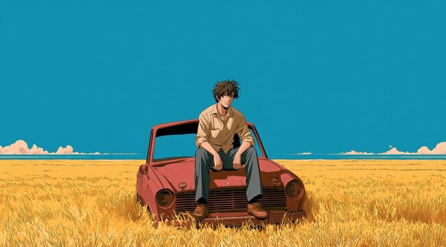 Un gar&ccedil;on vue de face, assis sur le capot d'une voiture rouge us&eacute;e par le temps, dans un champ d'herbe s&egrave;che avec un ciel magnifique dans un style de dessin anim&eacute;, image avec espace pour texte.