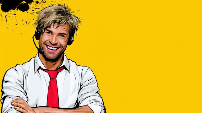 Un agent d'assistance t&eacute;l&eacute;phonique souriant, portant un casque audio avec microphone, les bras crois&eacute;s, sur fond jaune uni dans un style bande dessin&eacute;e, image avec espace pour texte.