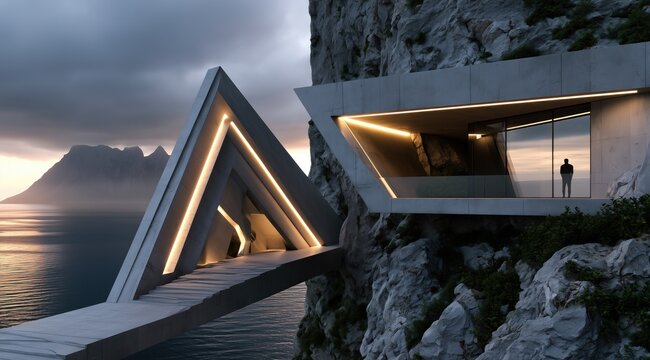 Vision architecturale moderne d'une maison futuriste &agrave; flanc de falaise au cr&eacute;puscule, design se distinguant par des angles vifs, du b&eacute;ton moul&eacute; et des bandes lumineuses LED int&eacute;gr&eacute;es.