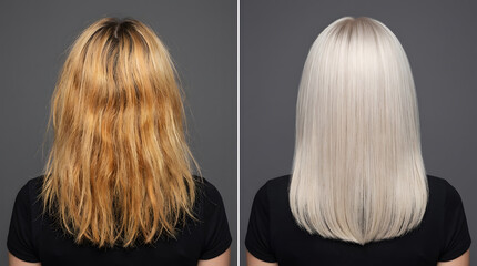 Fototapeta premium blonde hair transformation before and after | cool platinum blonde toner results | brassy hair correction professional salon | damaged hair to silky smooth blonde