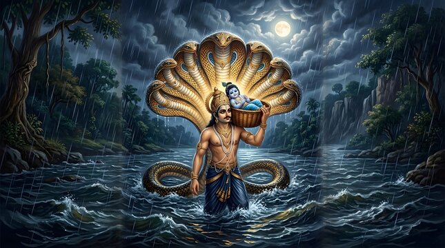 Vasudeva crossing stormy Yamuna river with baby lord Krishna.