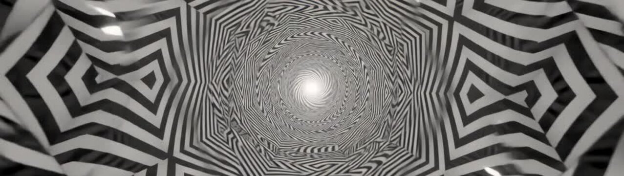 Optical illusion and hypnotic motion concept black and white geometric pattern tunnel with infinite zoom effect abstract psychedelic background for visual effects.