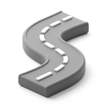 3D rendered curving gray road segment with white dashed lane markings on a white background