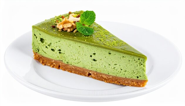 Piece of matcha cheesecake isolated on white