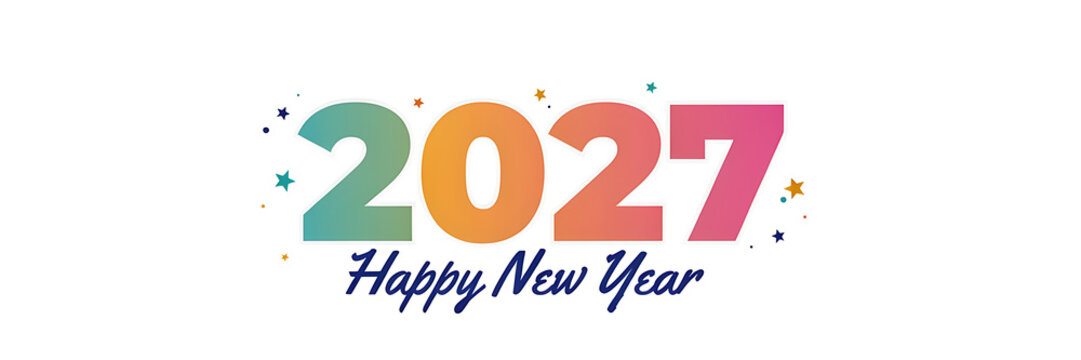 Colorful 2027 happy new year typography with a gradient effect on a white background, decorated with small stars and festive confetti