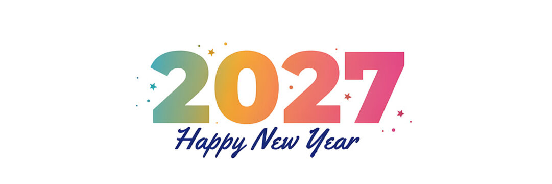 Colorful 2027 happy new year typography with a gradient effect on a white background, decorated with small stars and festive confetti