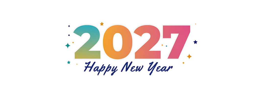 Colorful 2027 happy new year typography with a gradient effect on a white background, decorated with small stars and festive confetti