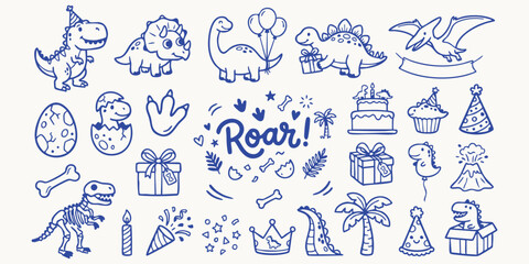 Cute hand drawn doodle elements for a child's dinosaur birtay party celebration with playful characters and festive decorations © Ishtiaq