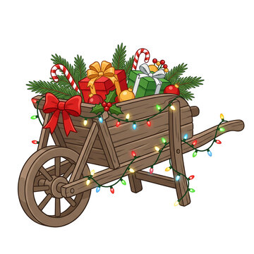 Wooden cart filled with festive Christmas gifts and pine decorations for holiday marketing and seasonal promotions