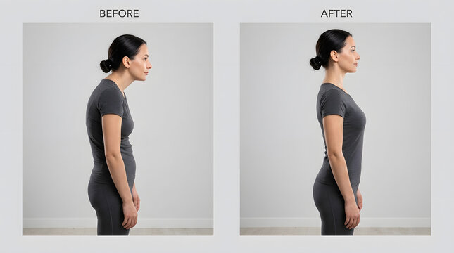 Before and after poor posture correction | Female spine health comparison | Back pain relief exercises results | Healthy spinal alignment for women | Kyphosis correction visualization