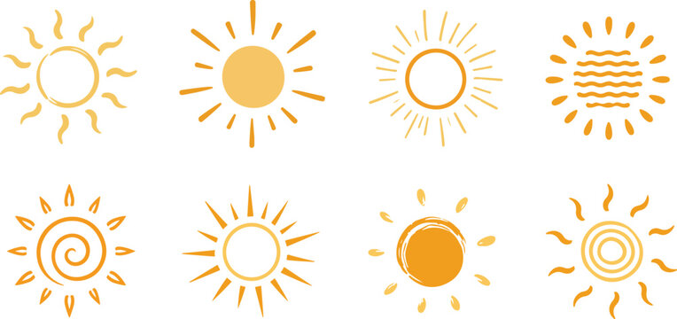 Hand Drawn Sun Icon Collection with Smiling, Spiral, Radiating and Abstract Sunshine Designs in Orange Line Art