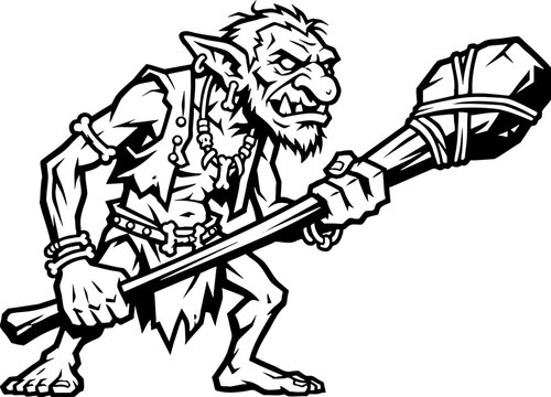 Aggressive fantasy goblin holding a large stone club illustration