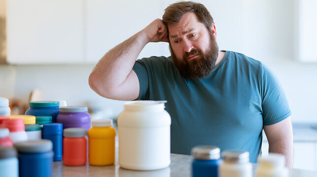 A confused bearded man look at many colorful supplement bottles on kitchen counter, pondering about health choices, diet routine, fitness goal
