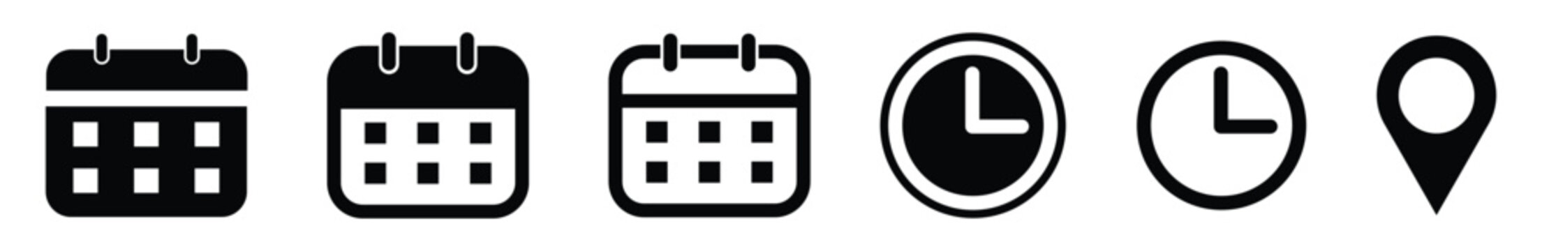 Time, address, and calendar, clock, and location pin icons. Vector in flat style and business cards illustration 