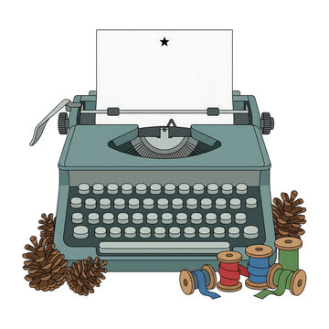 Vintage typewriter with blank paper and pinecones isolated on white background