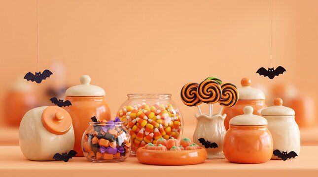 Festive Halloween candy display with glass jars and lollipops on an orange background.