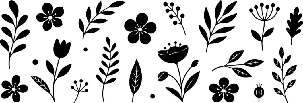 Black Botanical Doodle Collection with Hand Drawn Flowers, Leaves, Branches and Floral Elements on White Background