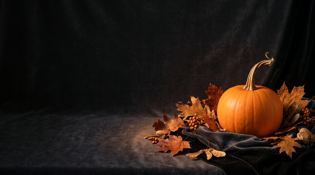 Moody Halloween Pumpkin Decoration with Candles and Autumn Leaves