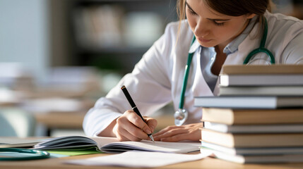 Obraz premium Young female faceless medical student in white labcoat writes on exam paper in university classroom, med student with stethoscope studies books, takes test, future doctor